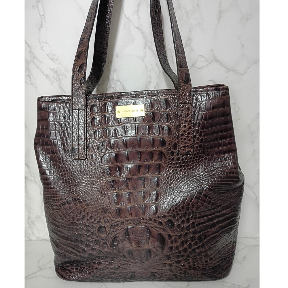 BRAHMIN Brown Melbourne Croc-Embossed Leather Tote Handbag - EUC